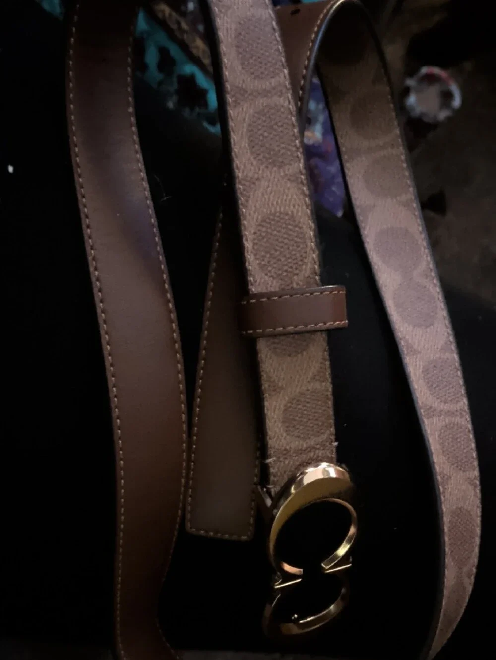 Women's Tan Logo-Pattern Belt with Gold Double-Ring Buckle